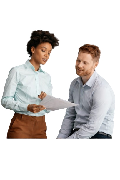 Two business people discussing documents